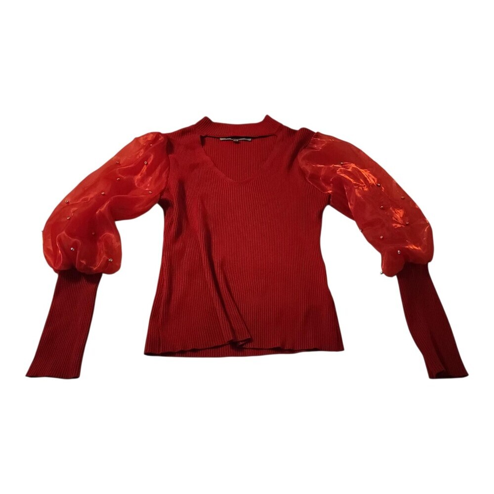 Almost Famous Sweater Womens M Red Cutout Sheer Puff Sleeve Rhinestone Top - Picture 4 of 12